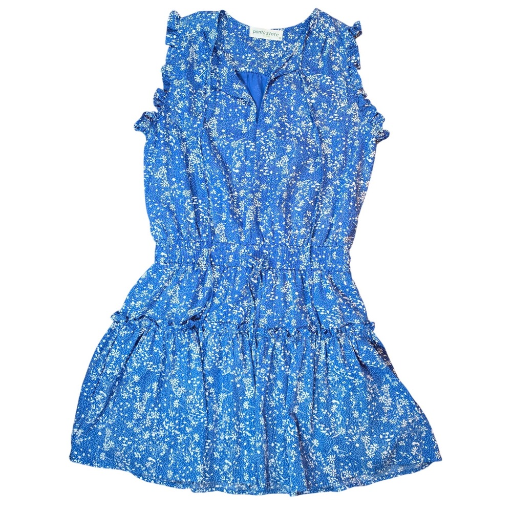 Pants Store Blue White Floral Ruffle Smocked Tiered Sleeveless Mini‎ Dress Small